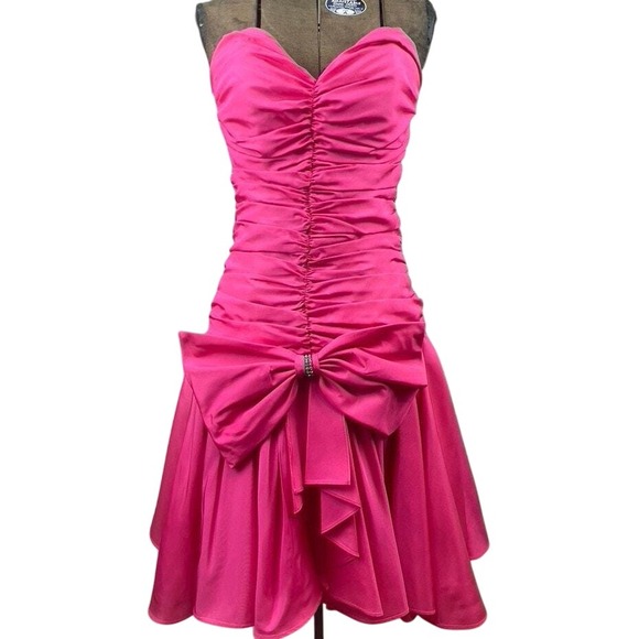 VTG 80s SCARLETT NITE Womens (8) Hot Pink Taffeta Prom‎ Dress Rhinestone Bow USA - Picture 1 of 10